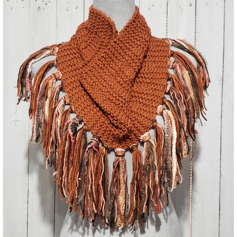 Cowl Scarf Fringe Hand Knitted Orange Rust Womens Boho Hippie Artsy Earthy Glam‎